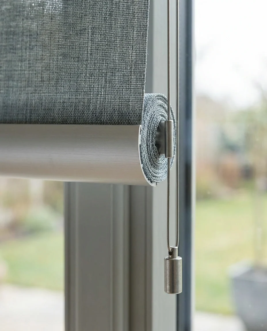 Close-up detail of roller blind fabric edge and headrail mechanism in grey-blue tones