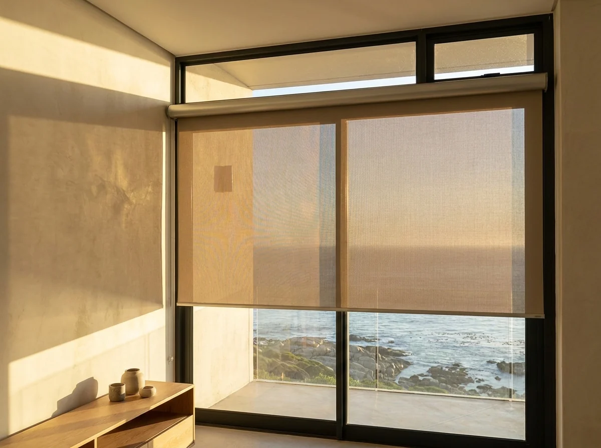 A single smooth flat sunscreen roller blind two-thirds down over a west-facing living-room window in a Cape Town coastal home, cutting low afternoon glare while the sea view stays visible through the open weave