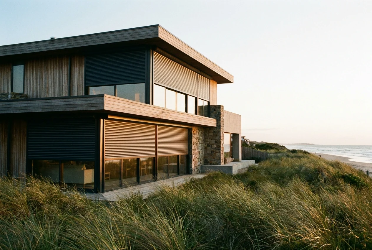Coastal home facade in Big Bay with aluminium roller shutters lowered over windows at dusk