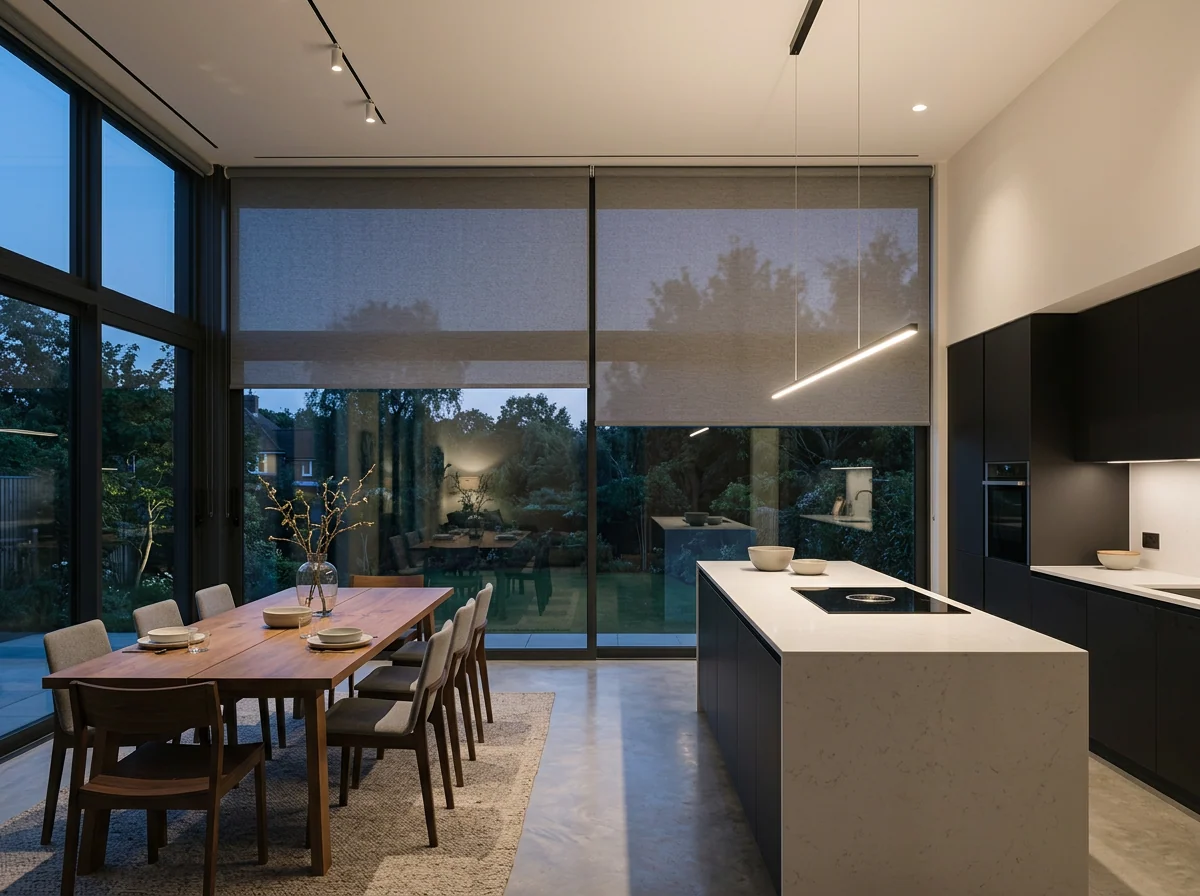Motorised roller blinds in a Big Bay open-plan kitchen and dining area at dusk