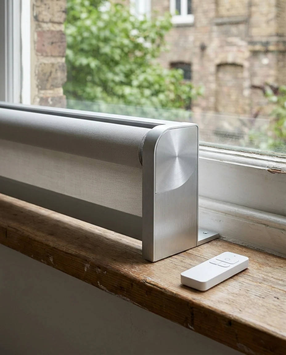 Close-up detail of a motorised roller blind headrail with the motor end-cap and a remote control