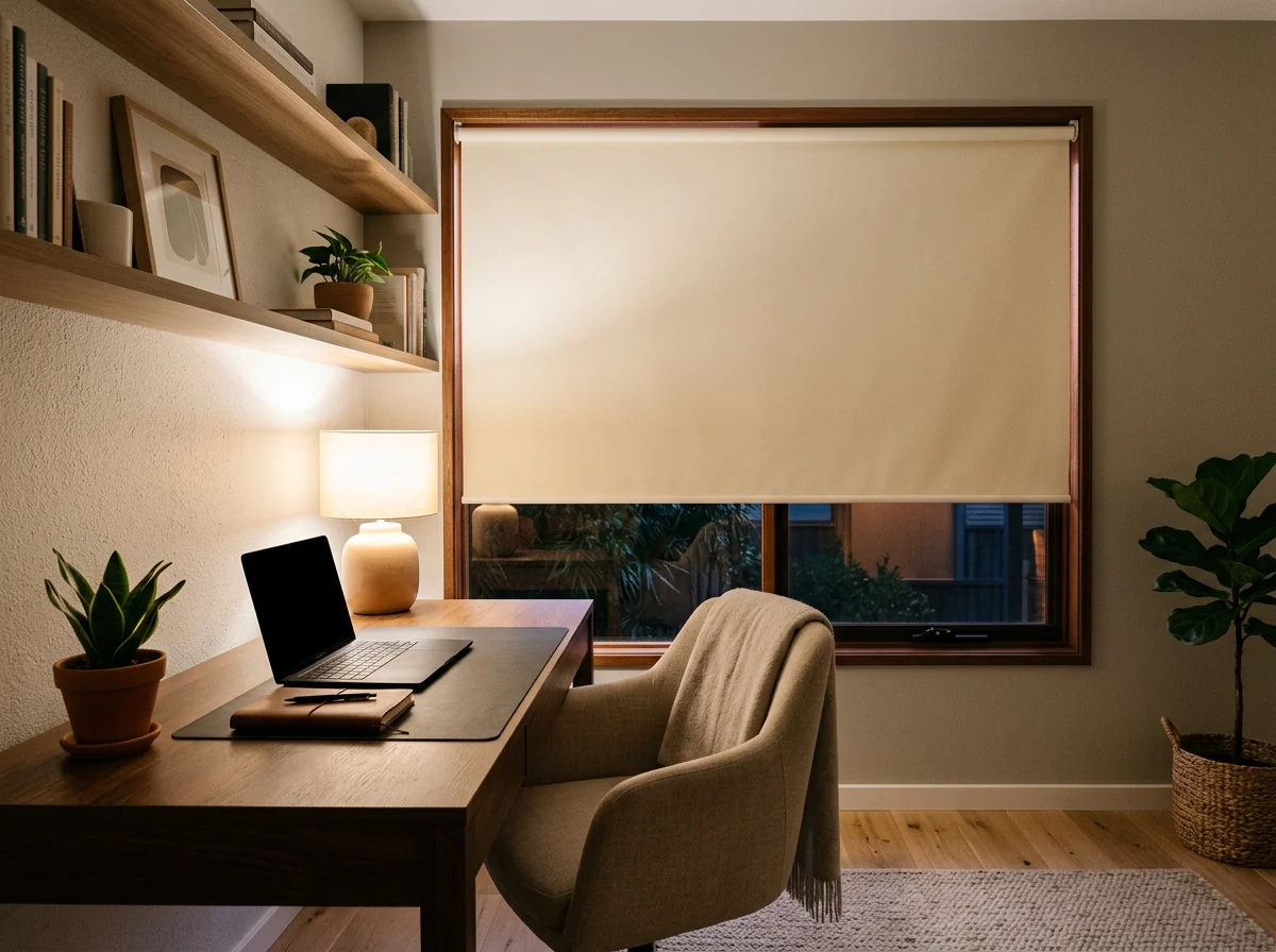 Roller blind lowered in a Big Bay home office, warm lamplight across the desk