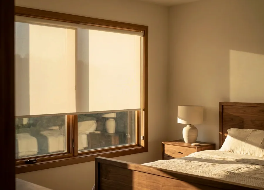 Roller blind lowered over a bedroom window in a Big Bay home, warm evening light along the edge