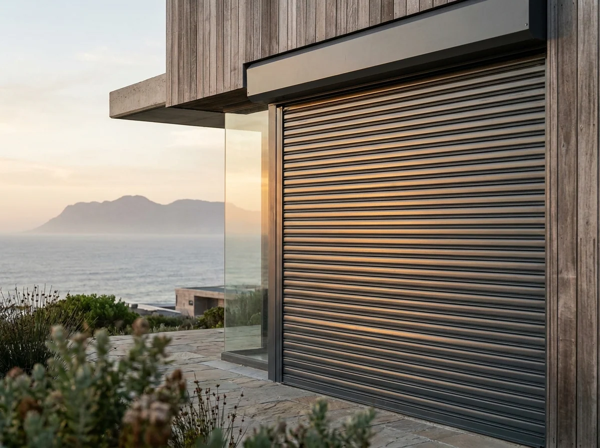 Roller shutter lowered over a window on a wood-clad Big Bay home at sunset