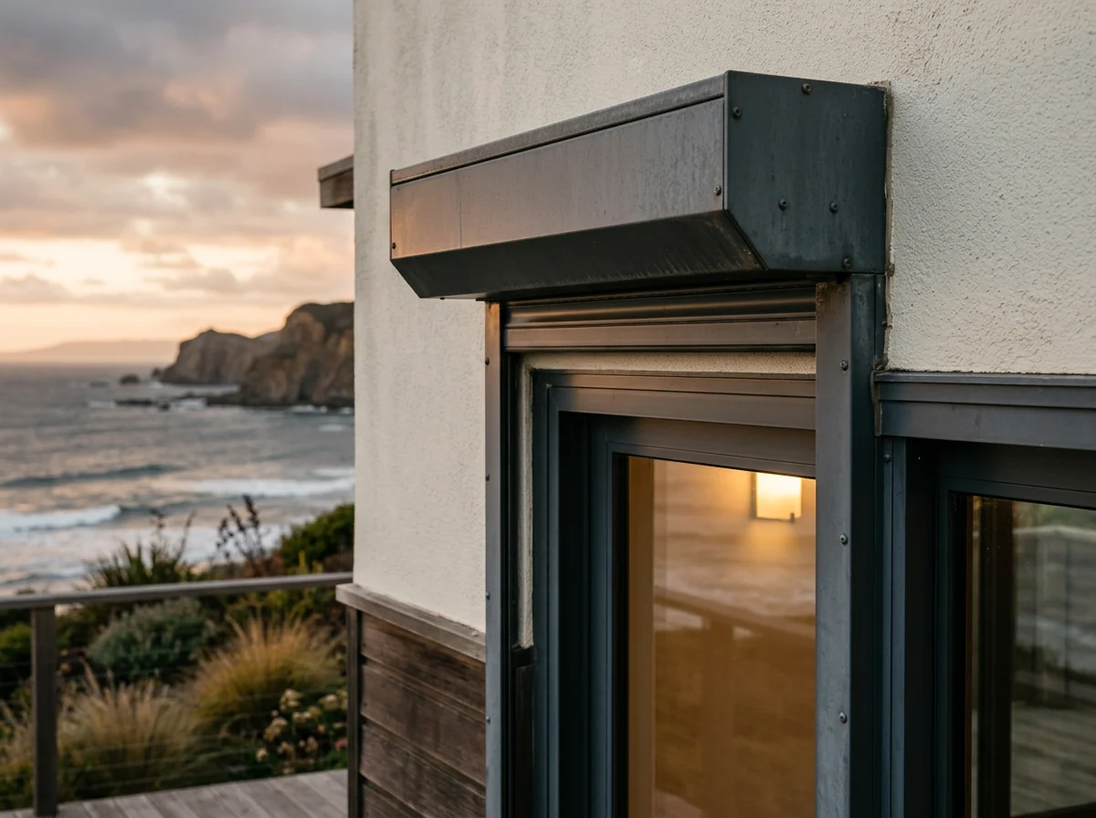 Close-up of a roller shutter's headbox mounted above a glass door on a Big Bay home, dusk ocean view beyond
