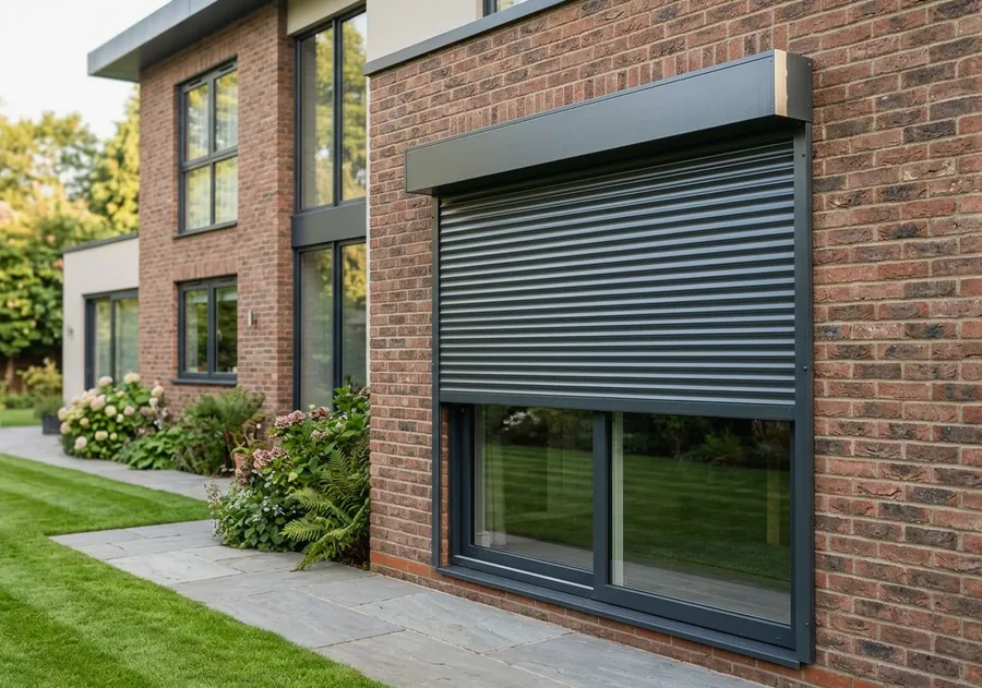 Roller shutter partly lowered over a window on a Big Bay home's brick facade