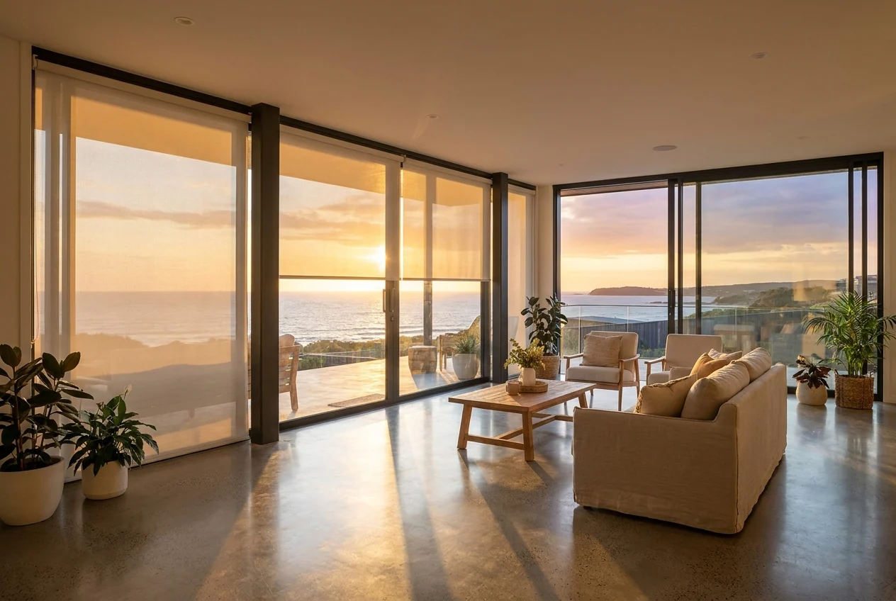Open-plan lounge in a Sunset Beach home with sunscreen roller blinds and golden sunset light