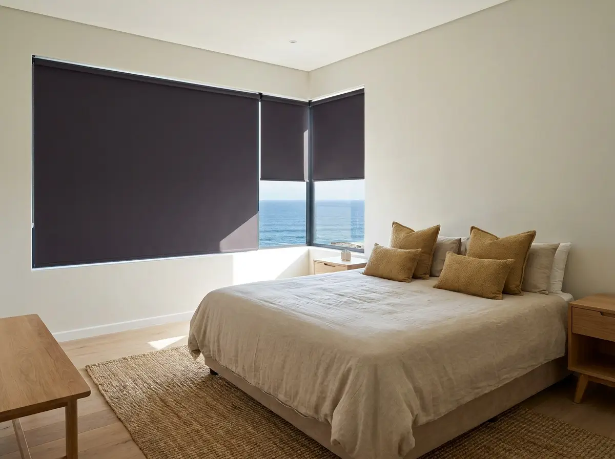 Open-plan living room in a Big Bay new-build fitted with linen roller blinds