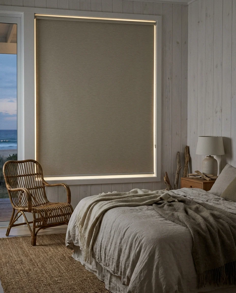 Beach cottage bedroom in Melkbosstrand with a blockout roller blind