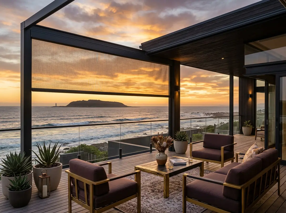 Covered outdoor deck on a Big Bay home at sunset, a zip screen lowered in its aluminium side channels while the view across the water to an offshore island stays open through the mesh