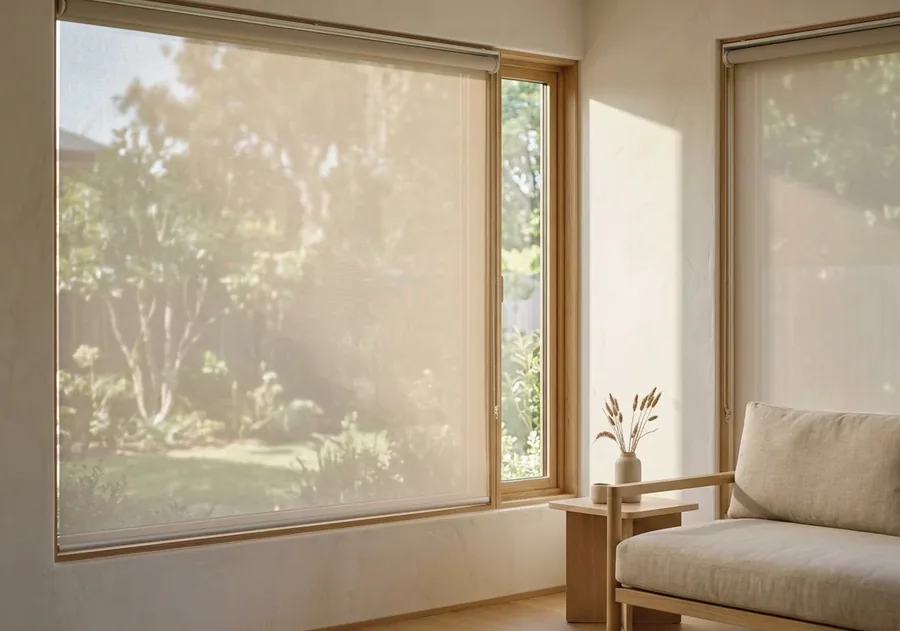 Sunscreen roller blinds filtering bright garden light into a Big Bay living space