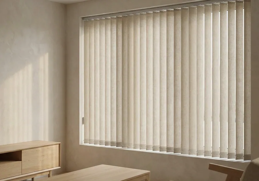 Vertical blinds spanning a wide window in a Big Bay living room