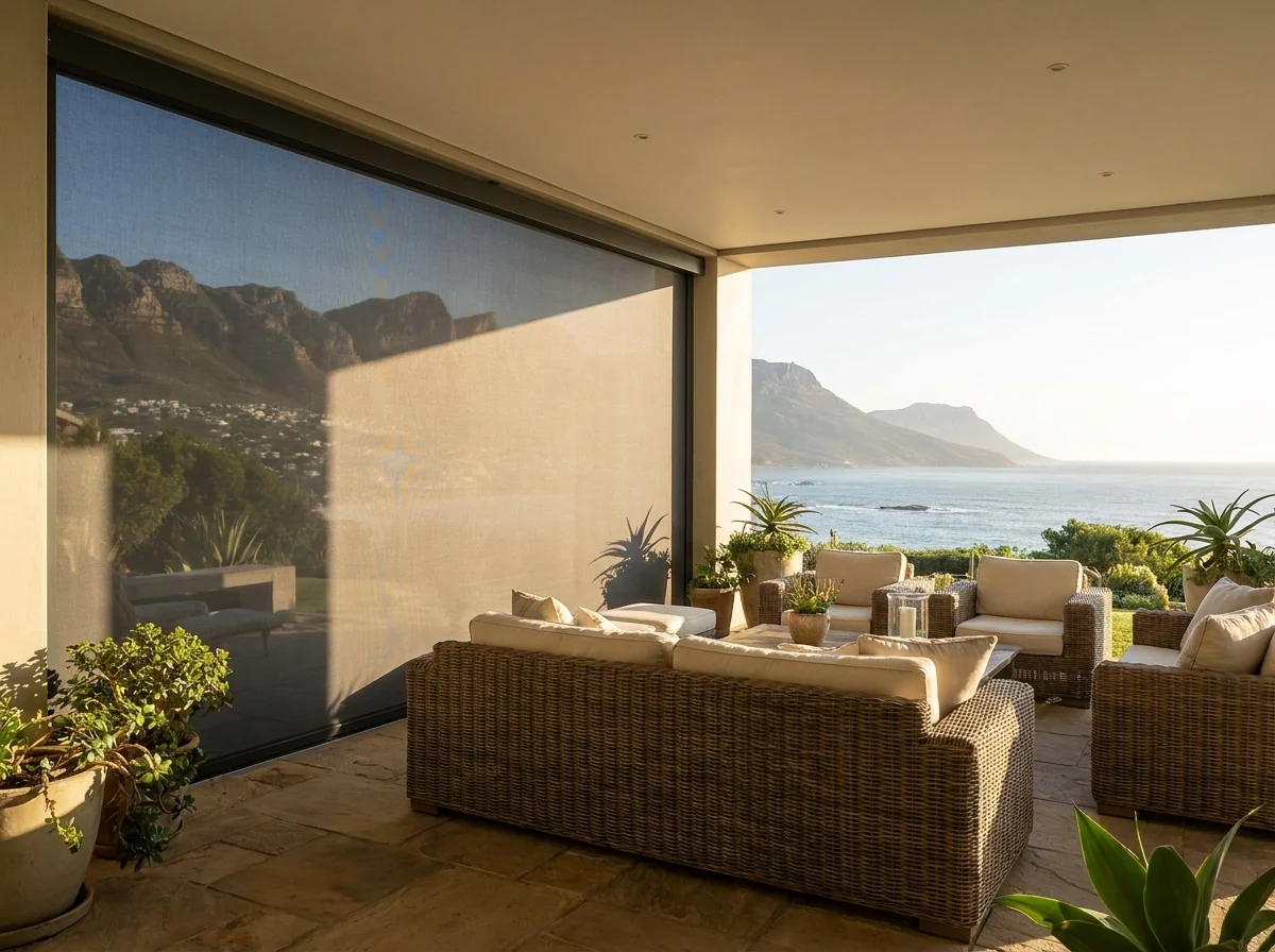 Zip screen enclosing a Big Bay patio at sunset, mountain silhouette visible through the mesh