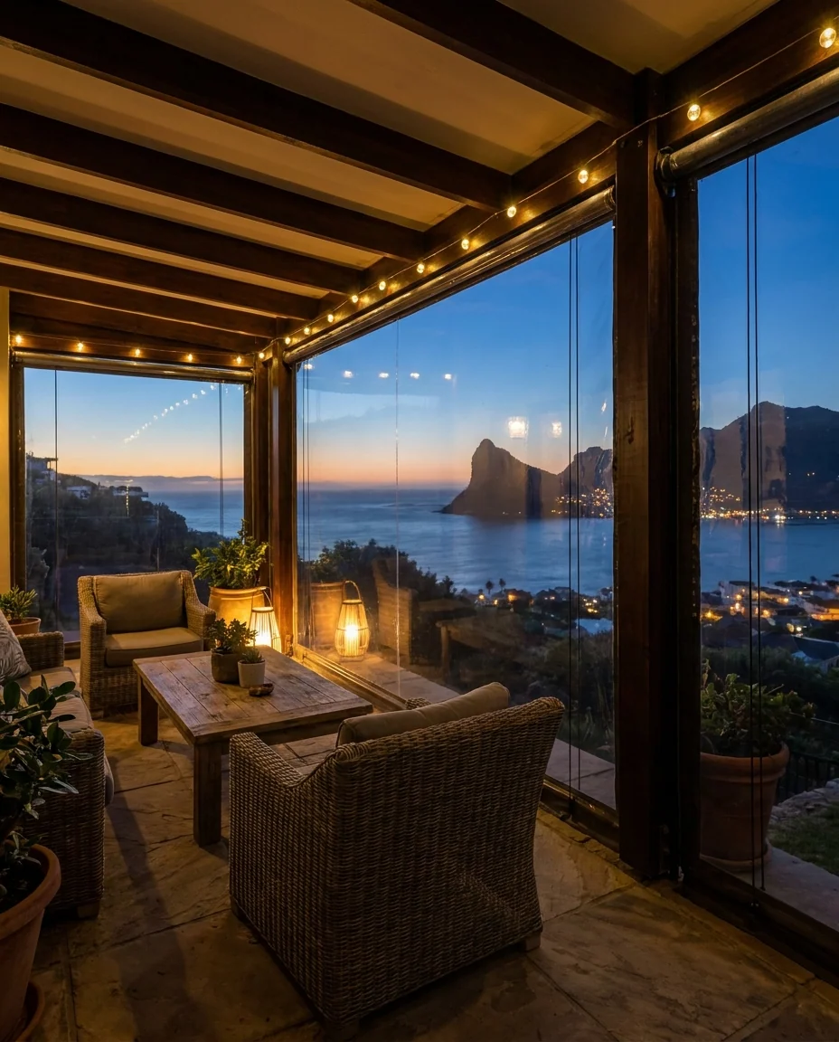 Covered outdoor patio in Big Bay wrapped in clear zip screens with an ocean view
